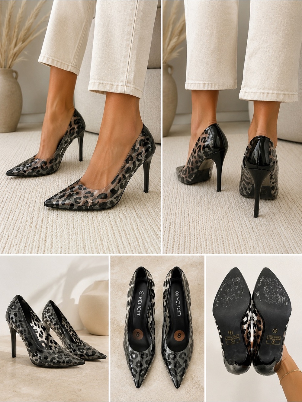 Felicity Clear Leopard Print Pointed Toe Stiletto Pumps – Size 8